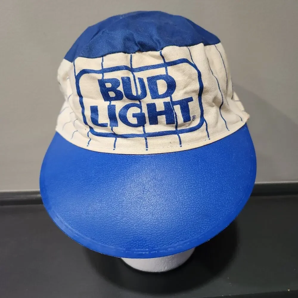 VTG Bud Light‎ Budweiser Beer Blue Pinstripe Painters Hat Cap USA Made STAINED
